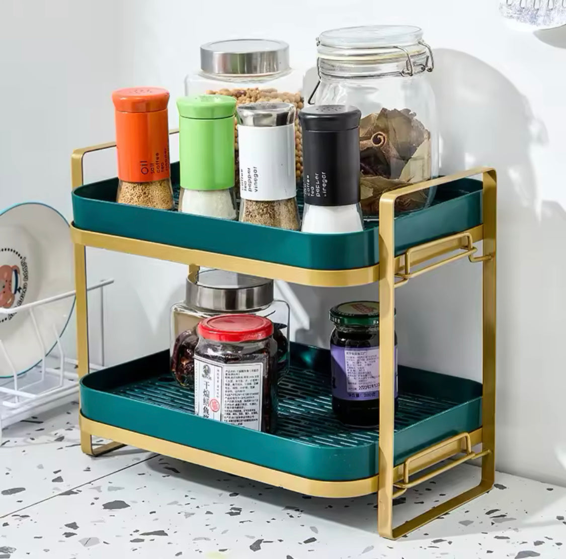 Double Deck Kitchen Countertop Rack, 2 Tiers Cups Mugs Drying Rack With Drip Tray, Spice Jars Countertop Organizer Double Deck Kitchen Countertop Rack, 2 Tiers Cups Mugs Drying Rack With Drip Tray, Spice Jars Countertop Organizer
